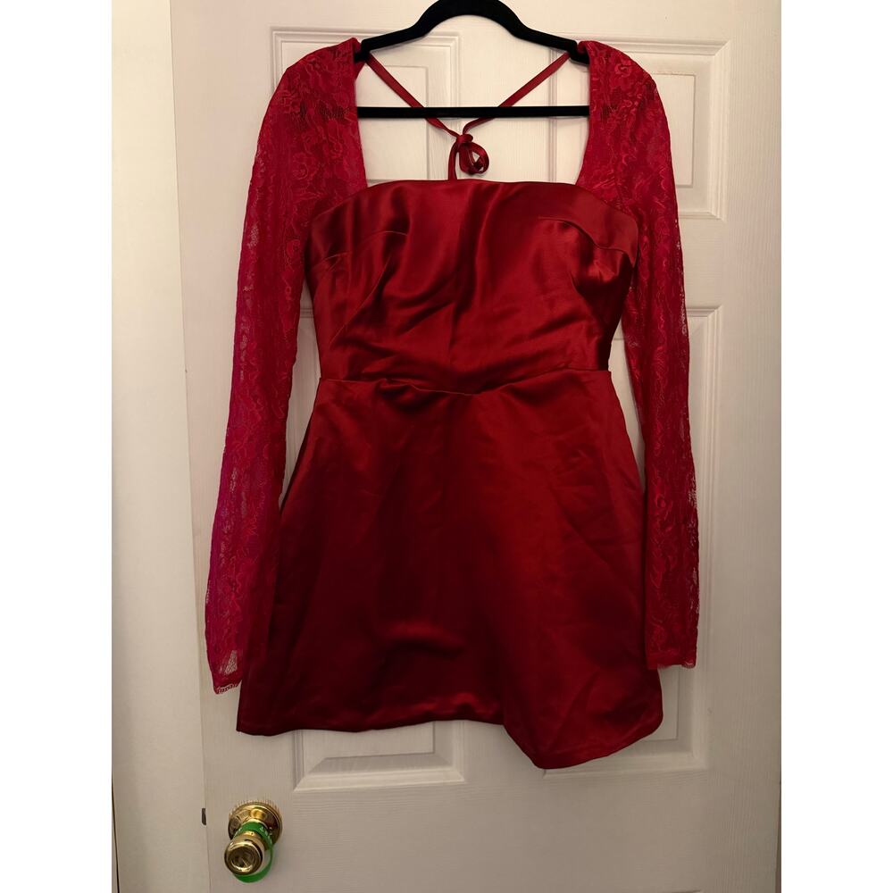 Pretty Red Shorty Dress With Lace Sleeves Size 8